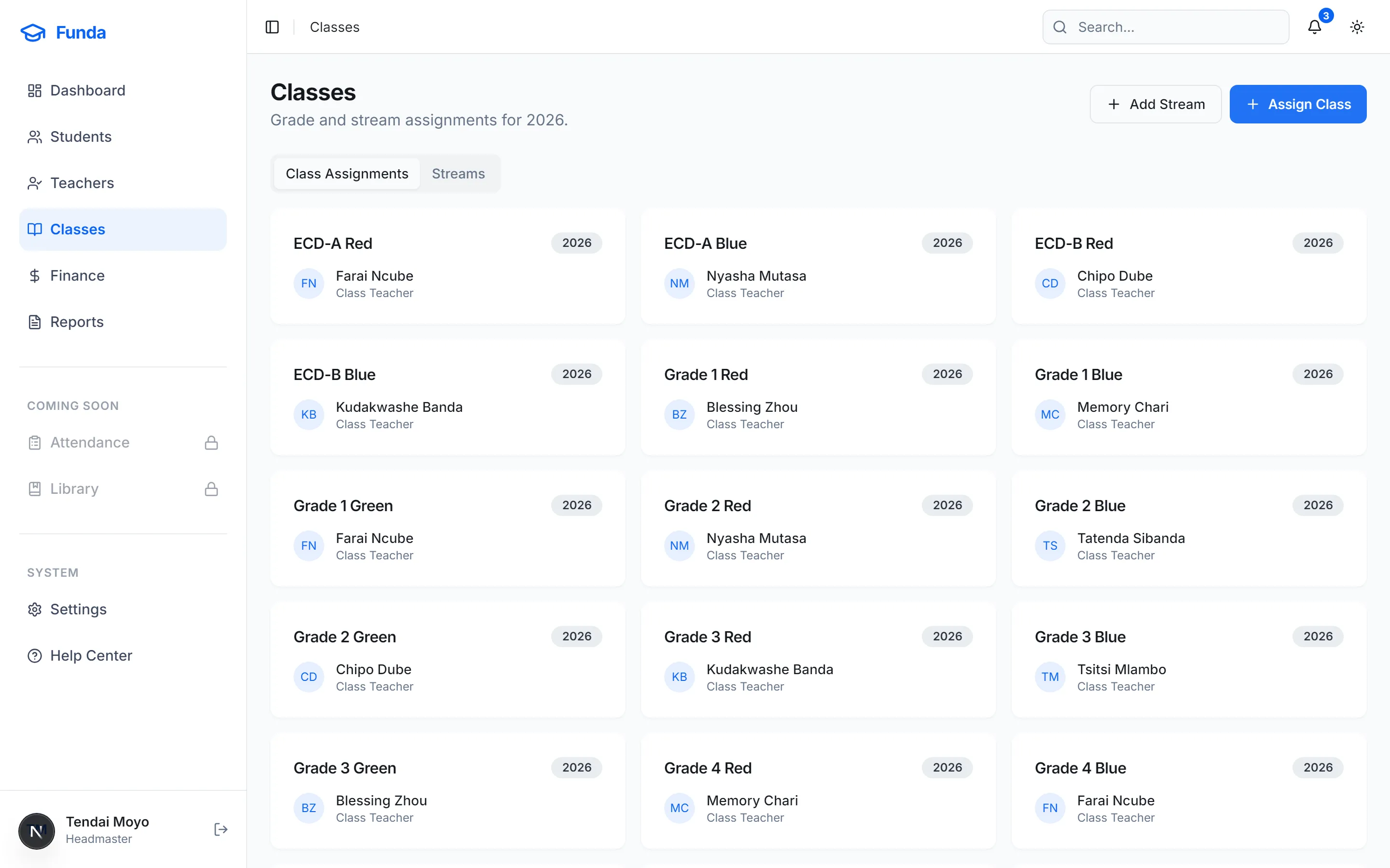 Class assignments grid showing each grade and stream with its class teacher