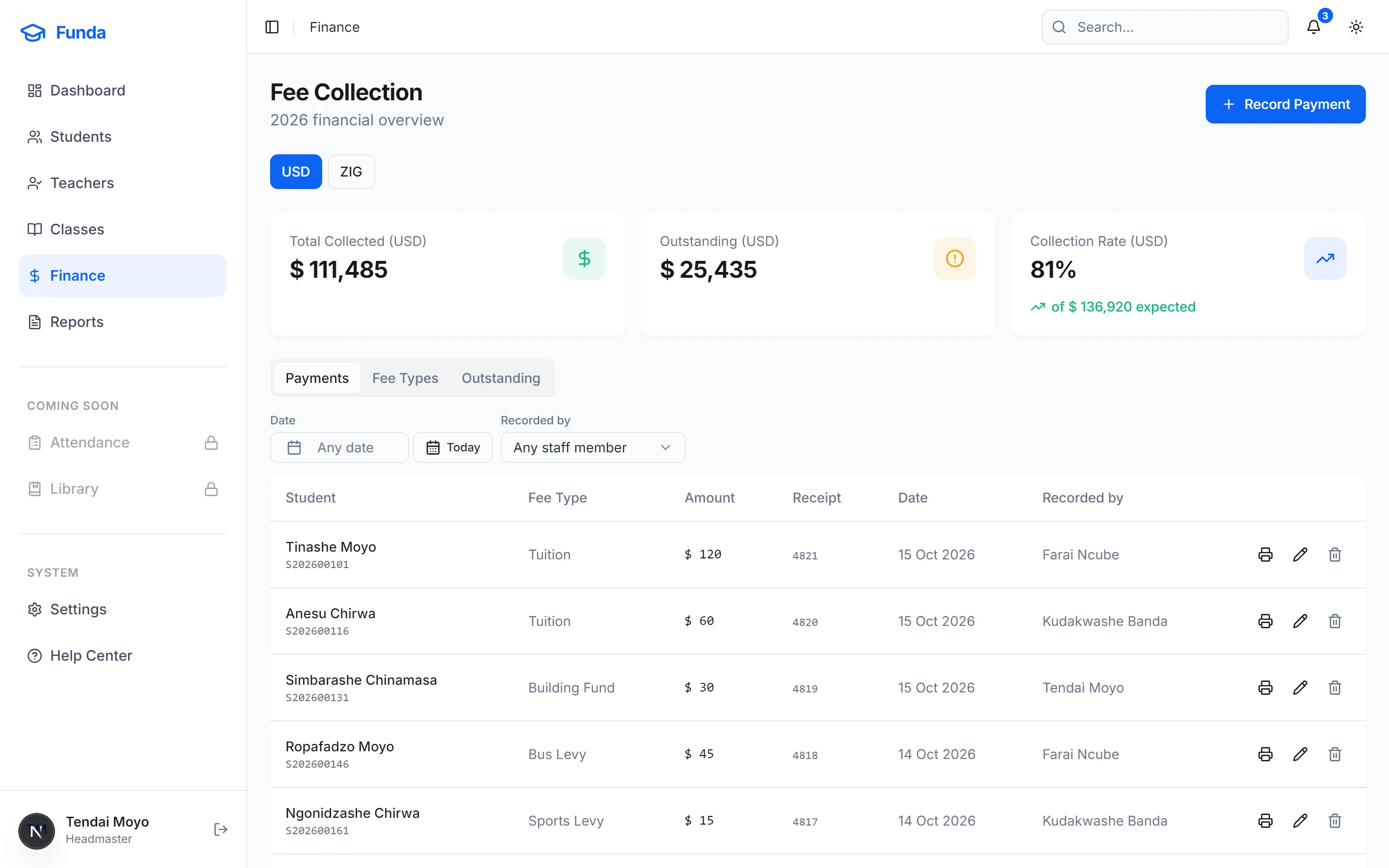 Funda finance page: total collected, outstanding and collection rate above a payments table