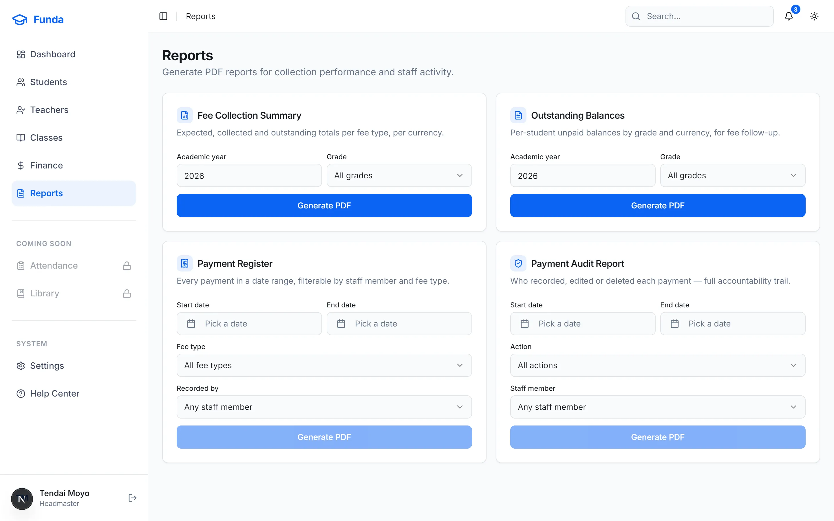 Reports page with four PDF reports