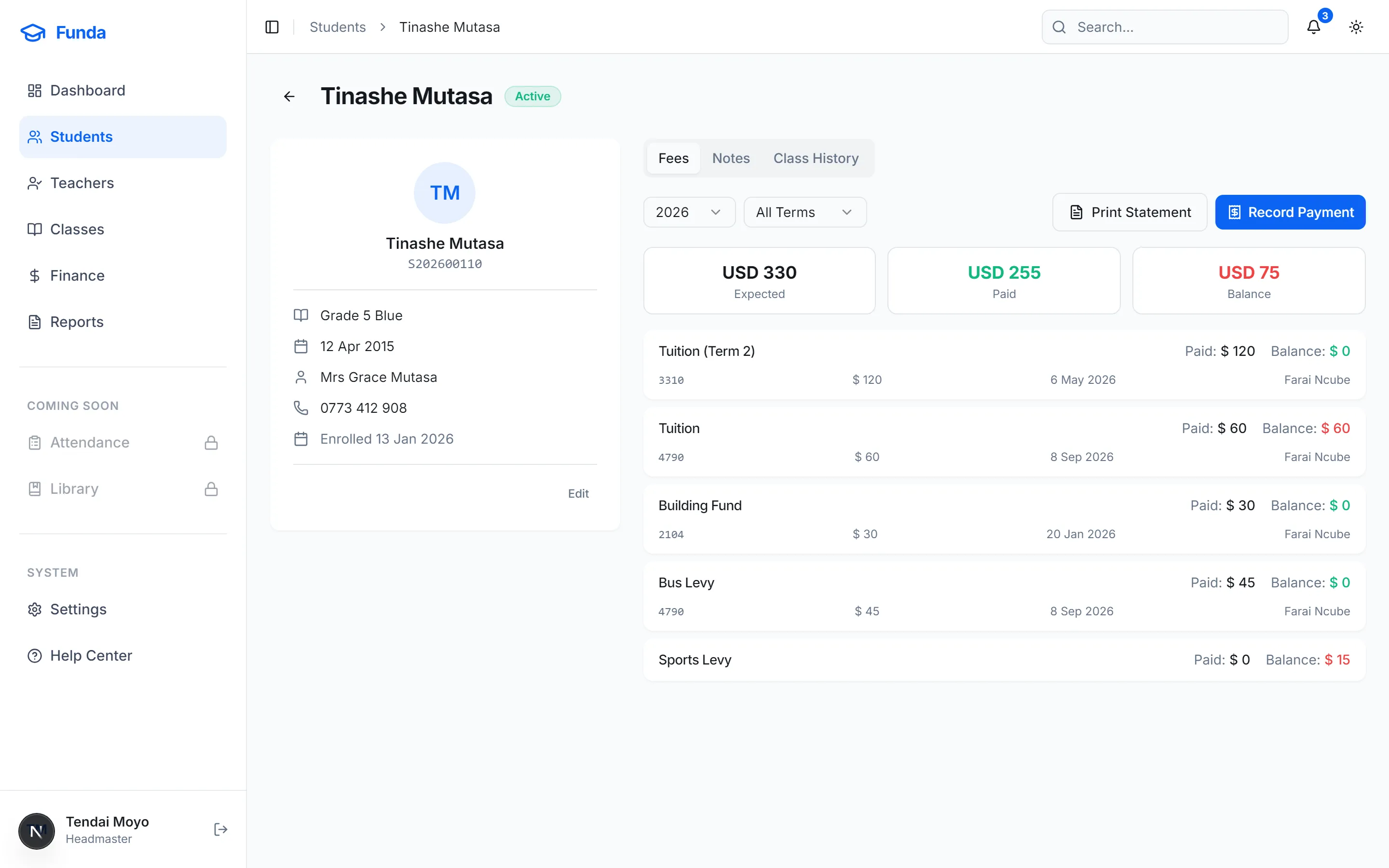 Student profile with fee breakdown, amounts paid and balances