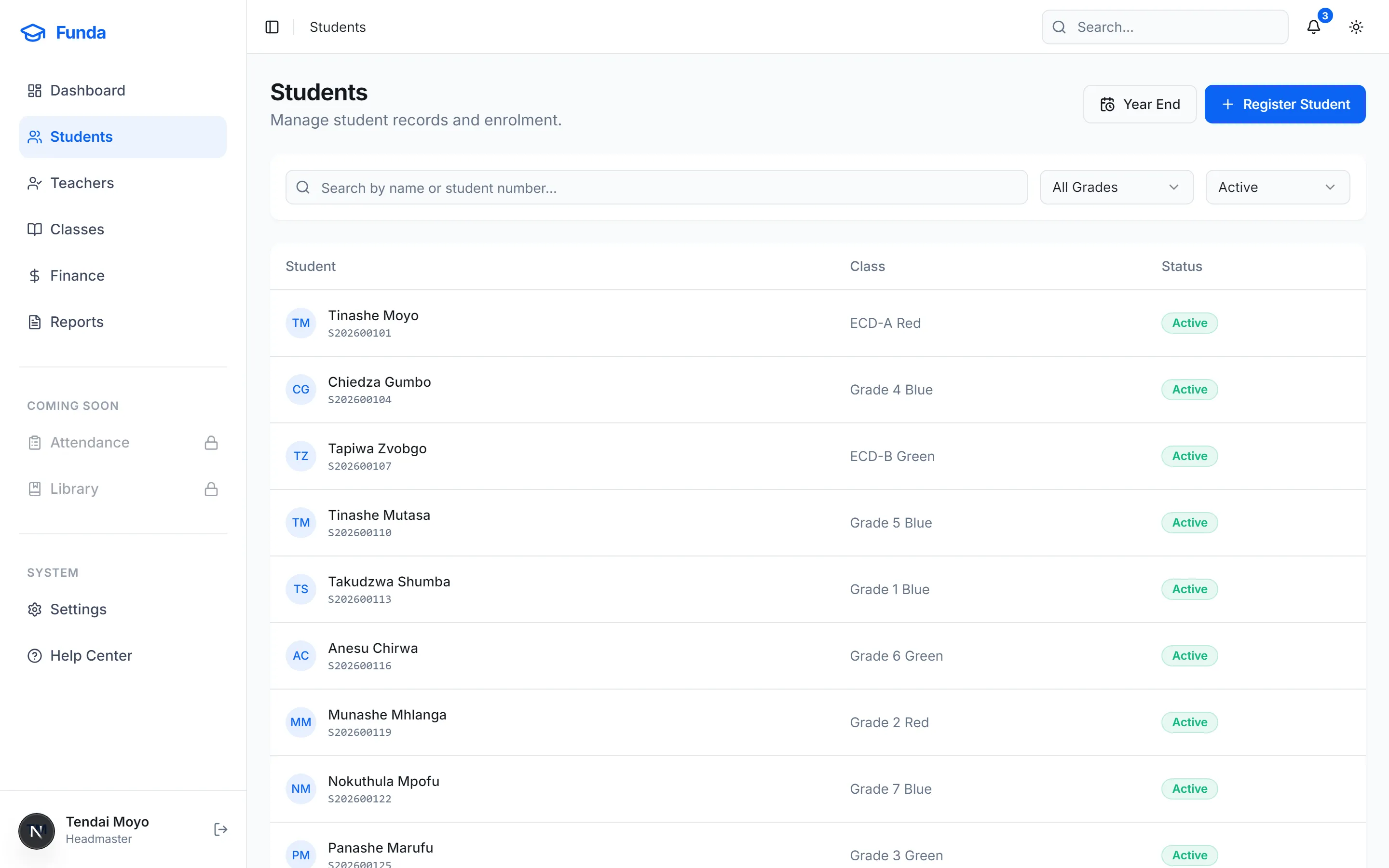 Students list with class and status