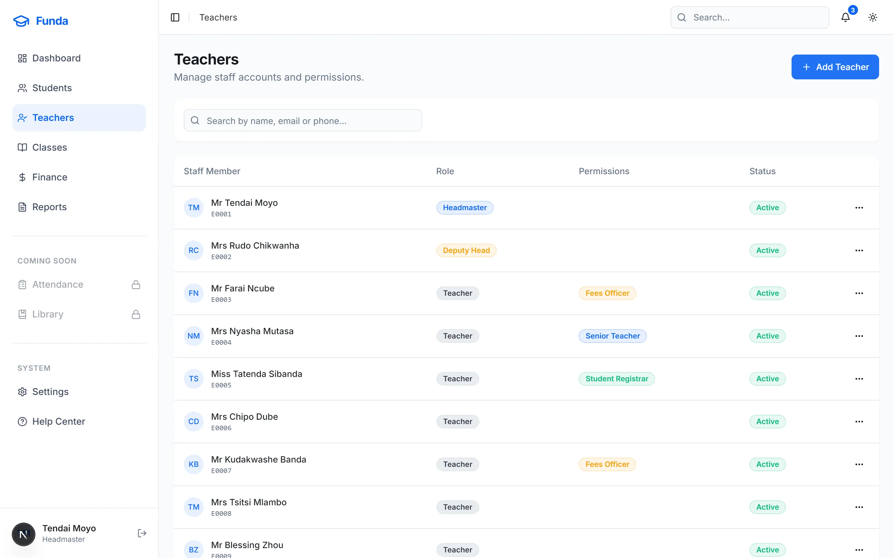 Staff list with role and permission badges